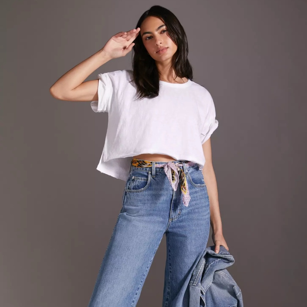 Pilcro by Anthropologie White Cotton Boxy Crop Top Short Sleeve, Size S